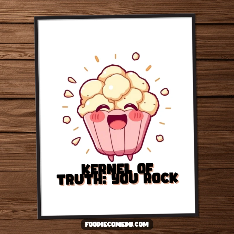 Funny Free Printable Wall Art: Energetic kawaii popcorn kernel exploding with a happy burst, adding quirky flair to decor.