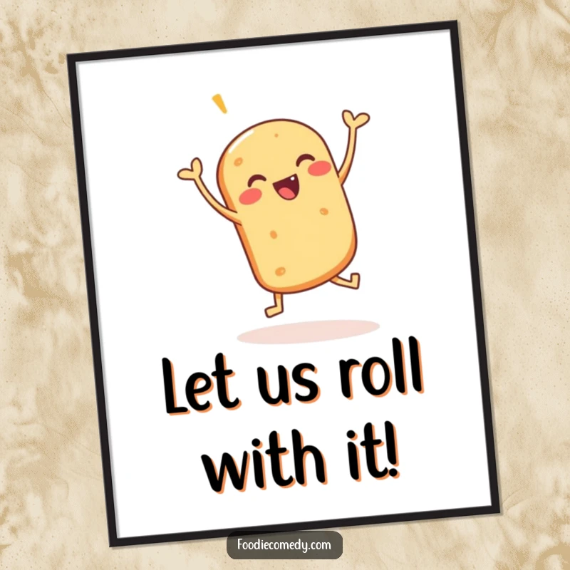 Funny Free Printable Wall Art: A happy bread roll captured mid-jig, bringing energetic and humorous vibes to your wall.