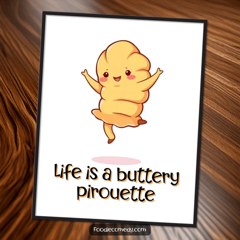 Funny Free Printable Wall Art: A happy croissant performs an elegant pirouette, adding artistic flair to your decor.