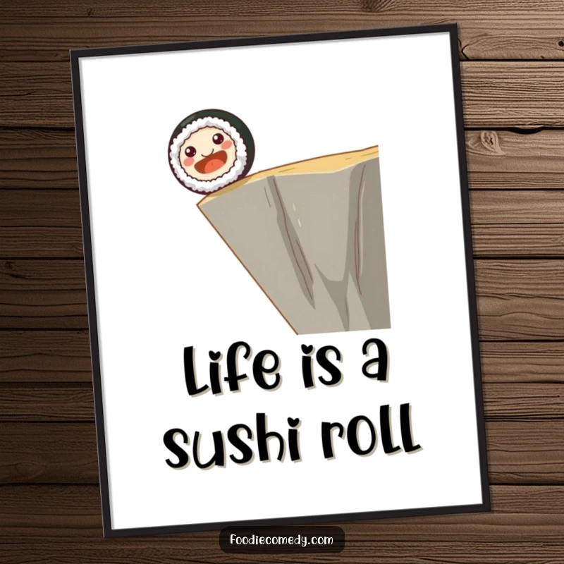 Funny Free Printable Wall Art: A smiling sushi roll with tiny dot eyes happily rolling off a cliff edge.