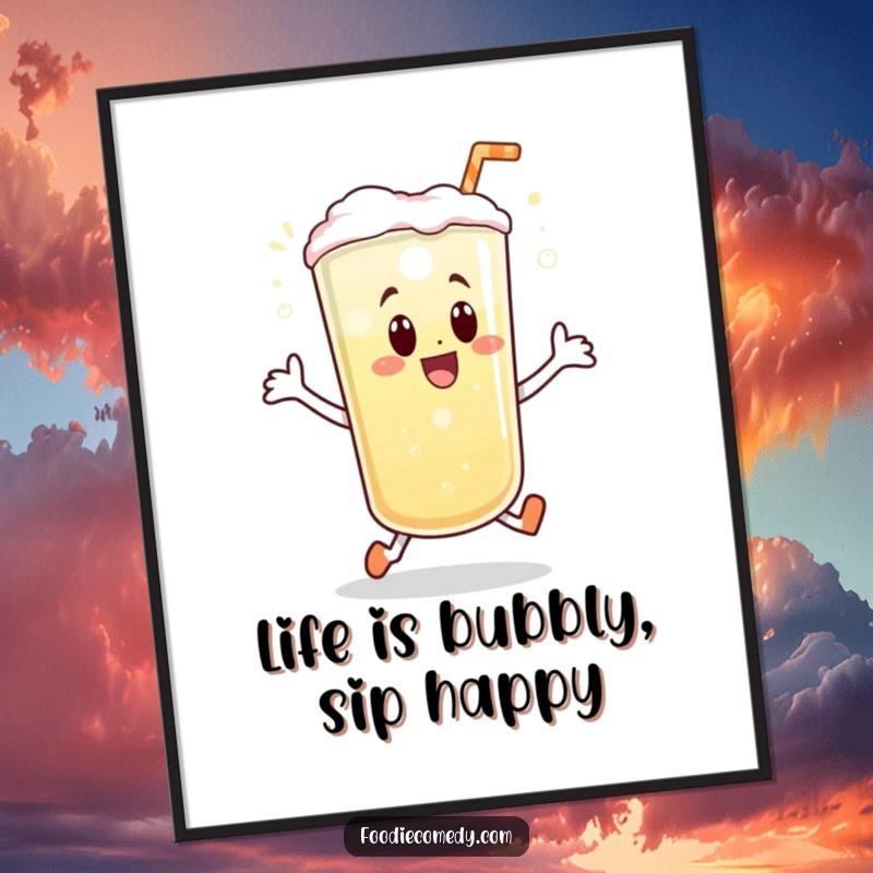 Funny Free Printable Wall Art: Bubbly beverage doing a joyful little hop, full of fizzy delight. A humorous and vibrant decorative piece.