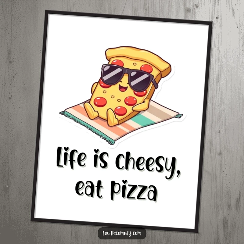 Funny Free Printable Wall Art: A kawaii pizza slice wearing cool sunglasses, lounging on a beach towel, embodying ultimate relaxation.