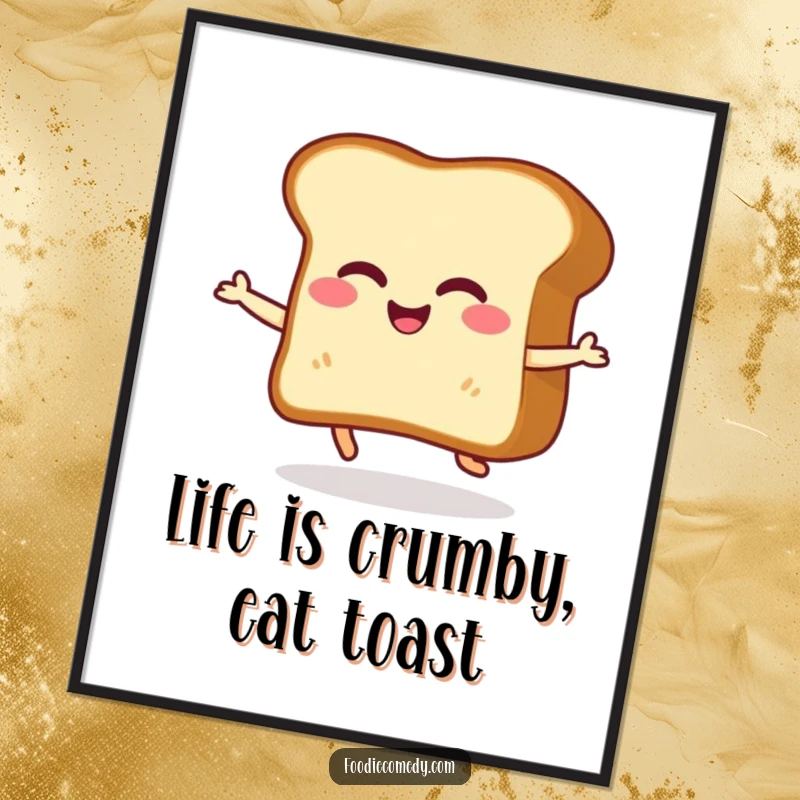 Funny Free Printable Wall Art of a giggling slice of toast doing a happy little shuffle, adding playful charm to any room.