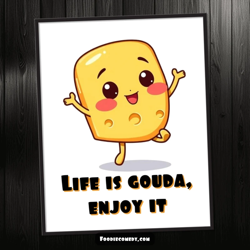Funny Free Printable Wall Art: A cheerful piece of cheese excitedly doing a bouncy hop, bringing smiles.
