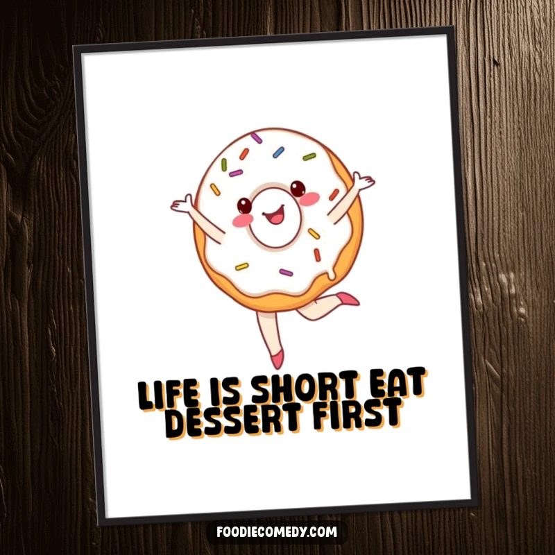 Funny Free Printable Wall Art: A cheerful, sprinkle-covered donut pirouettes elegantly, bringing joy and sweetness.