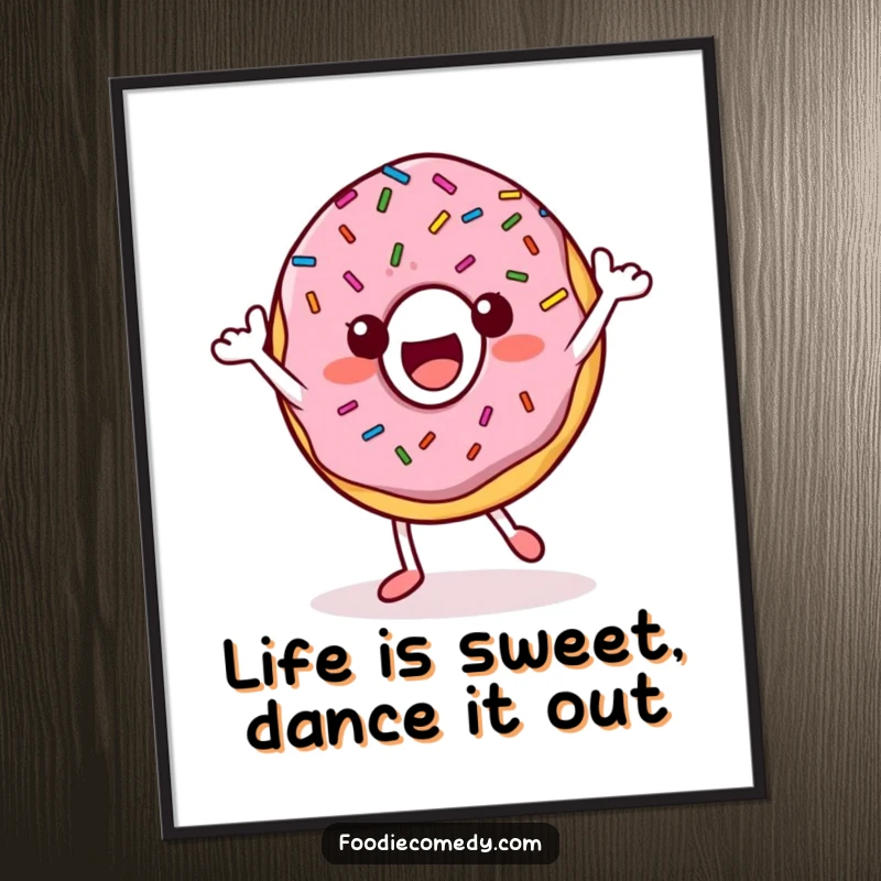 Funny free printable wall art of a happy donut character with sprinkles doing an energetic and slightly wonky groovy dance.