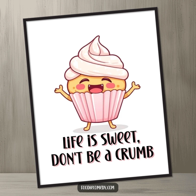 Funny Free Printable Wall Art: A laughing cupcake with colorful frosting hops with infectious energy.