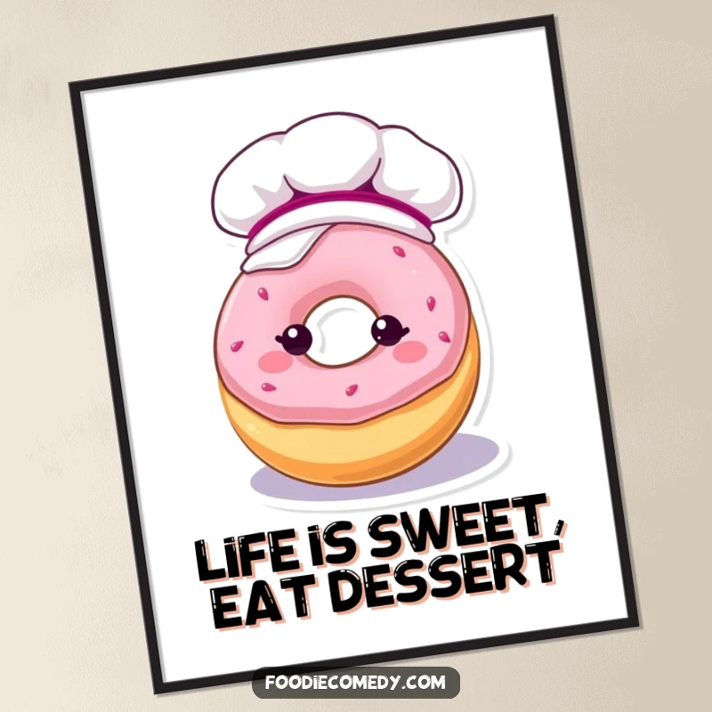 Funny Free Printable Wall Art: A Kawaii donut wearing a baker's hat, dripping with colorful frosting.