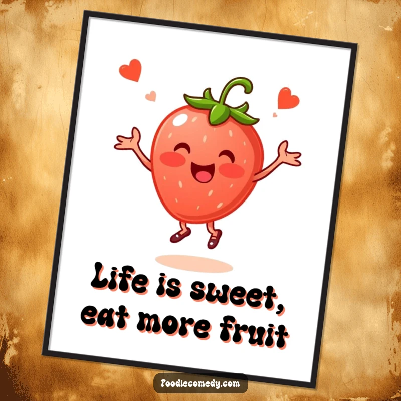 Funny Free Printable Wall Art: Cheerful strawberry doing a lively folk dance, a happy berry illustration perfect for kitchen decor.