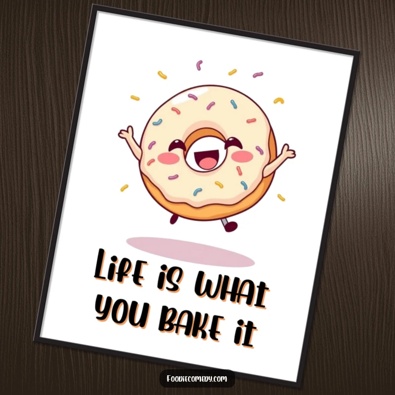 Funny Free Printable Wall Art: A happy donut performs a joyful leap with sprinkles flying, creating cheerful downloadable art.