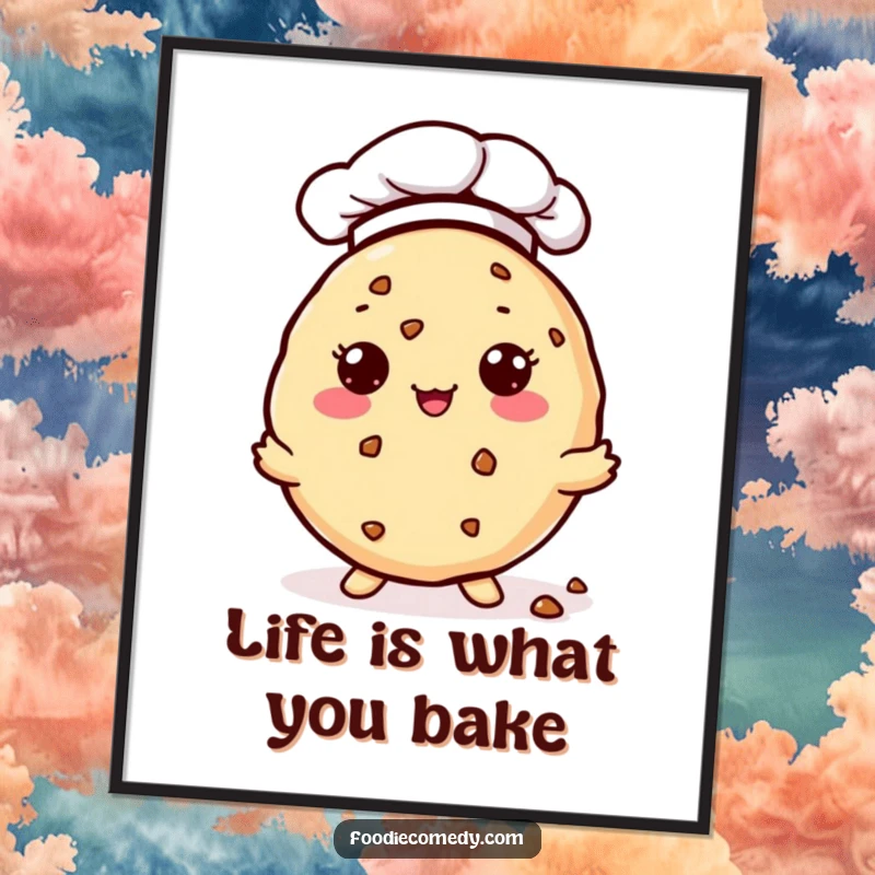 Funny Free Printable Wall Art: A kawaii cookie wearing a chef hat offers tiny, delicate crumbs with a smile.