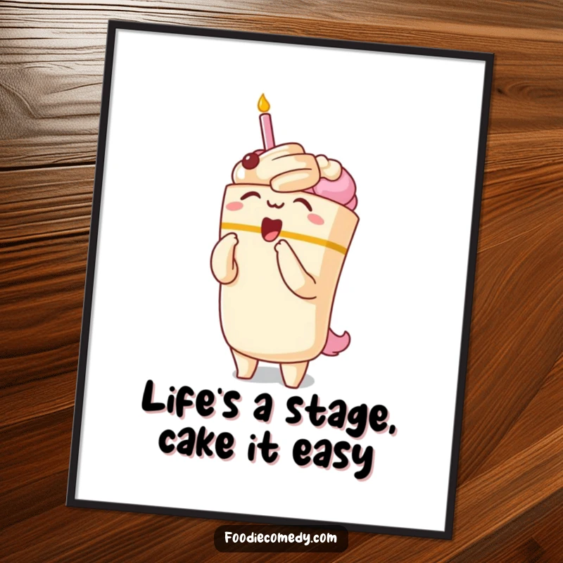 Funny Free Printable Wall Art of a kawaii cake character striking a theatrical opera bow, ready for the stage.