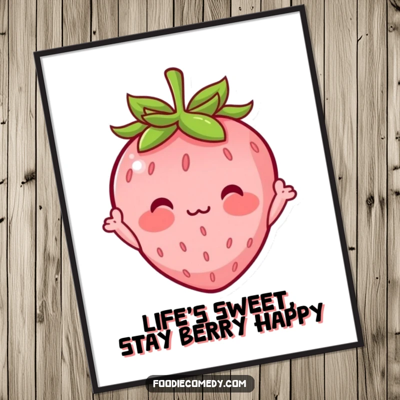 Funny Free Printable Wall Art: A blushing strawberry character with tiny arms waving hello, exuding shy cuteness.