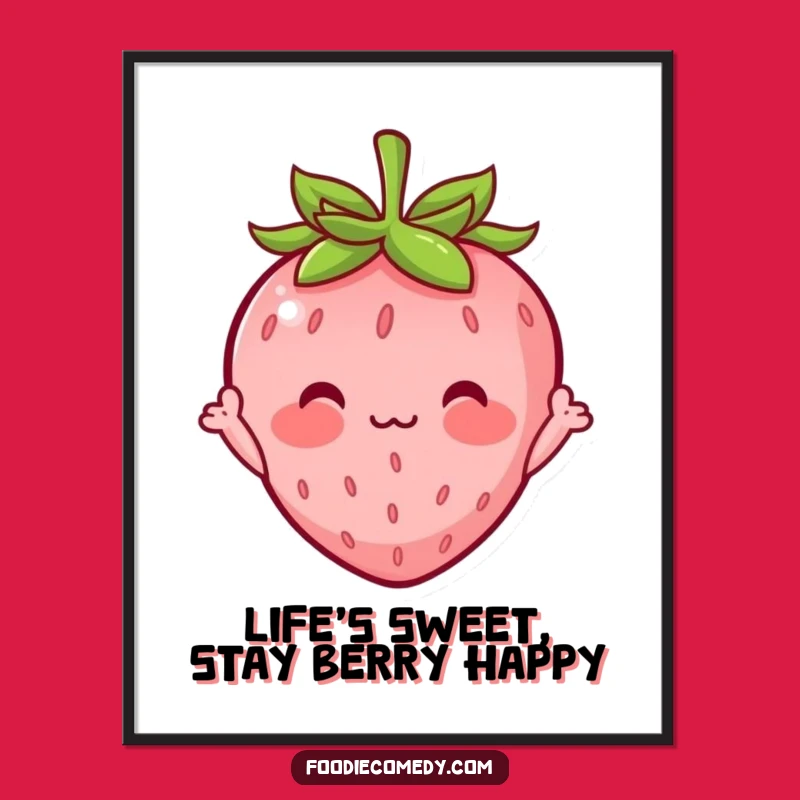 Free Printable Wall Art: Shy Strawberry Waving Hello - Funny Decor Download