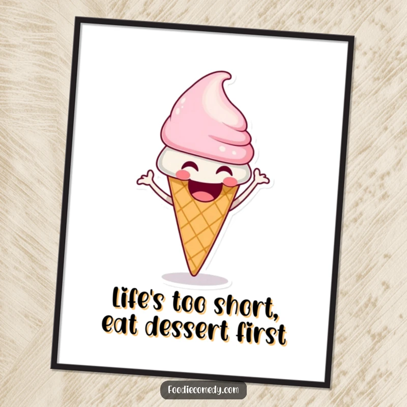 Playful free printable wall art of a laughing ice cream cone doing a funky shimmy, bringing sweet vibes to your space.