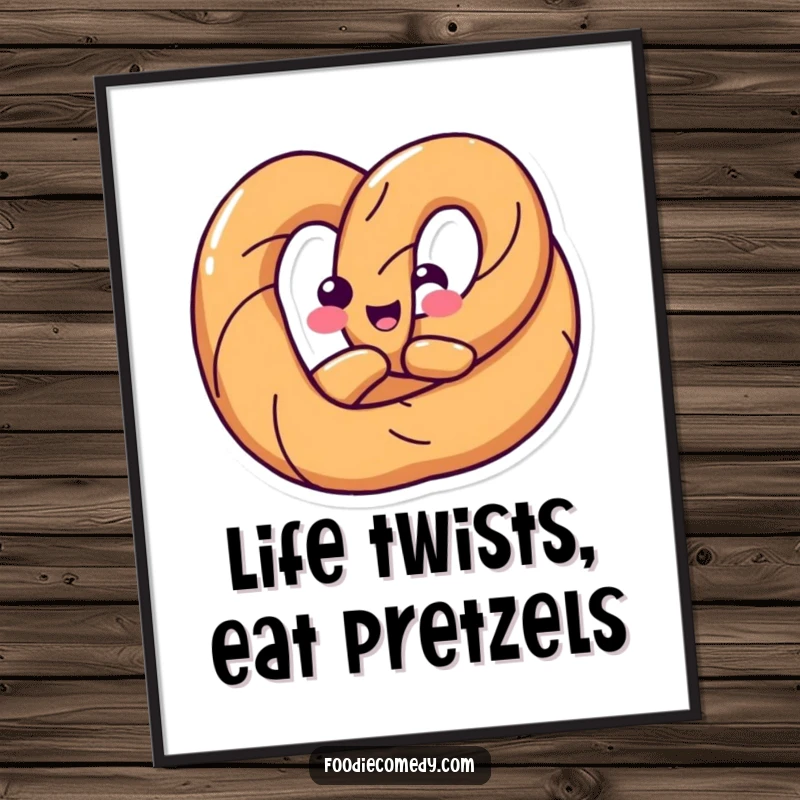 Funny Free Printable Wall Art of a happy pretzel twisting its body in a fun shape, adding a whimsical and playful touch to any room.