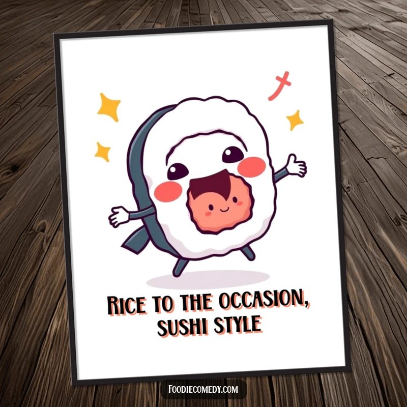 Funny free printable wall art: A cheerful sushi roll performs an energetic jitterbug, adding a playful and vibrant touch to any room.