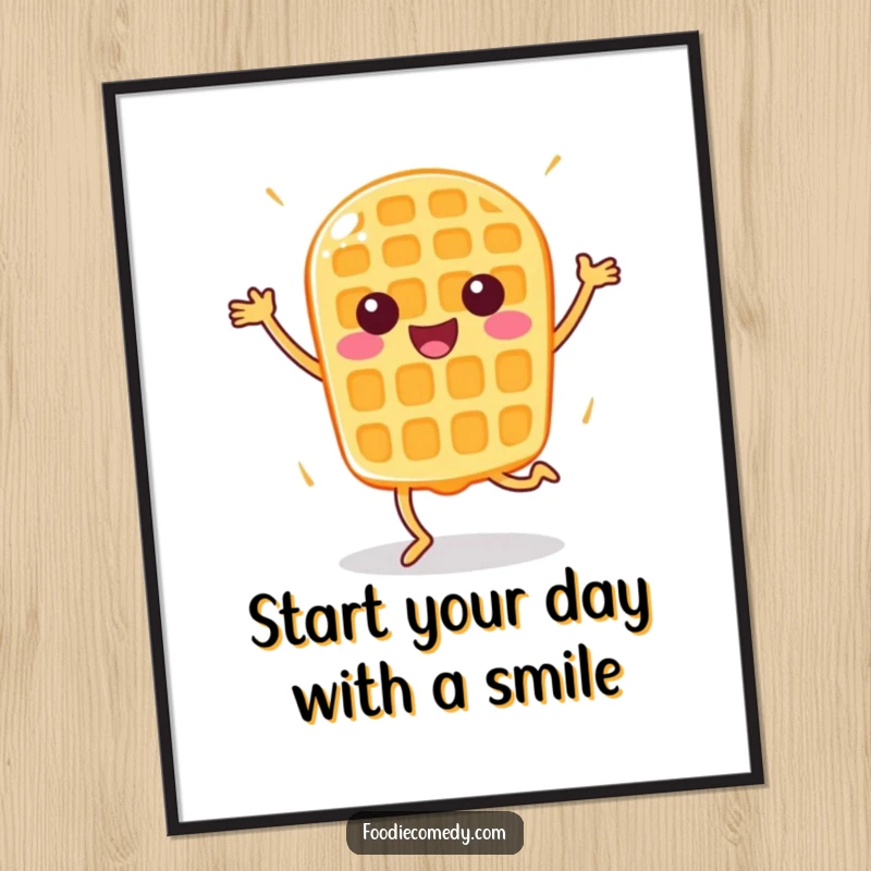 Funny Free Printable Wall Art: Happy waffle performing a bouncy aerobic routine, a joyful breakfast character full of life and movement.