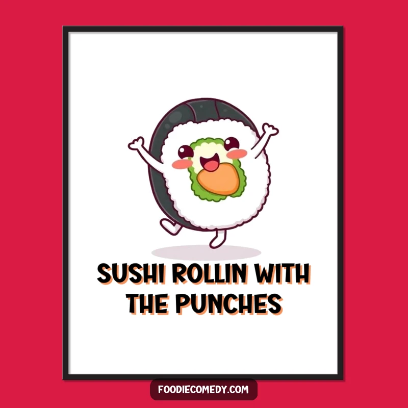 Free Printable Wall Art: Energetic Sushi Roll Cartwheeling - Downloadable Foodie Kitchen Decor