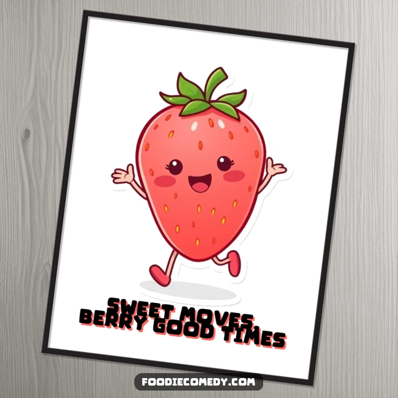 Funny Free Printable Wall Art: A smiling strawberry performs a rhythmic and joyful tap dance, bringing charm.