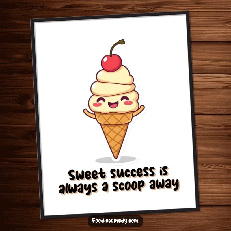 Funny free printable wall art: a giggling ice cream cone with a cherry on top, caught mid-spin with glee.