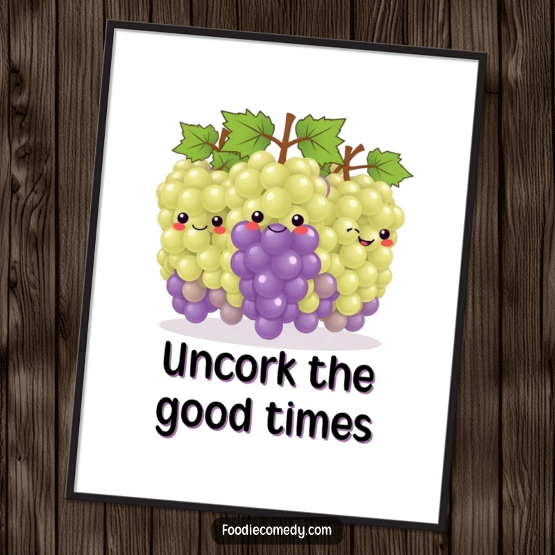 Funny Free Printable Wall Art: A smiling bunch of grapes doing a conga line dance across the art, looking joyful and festive.