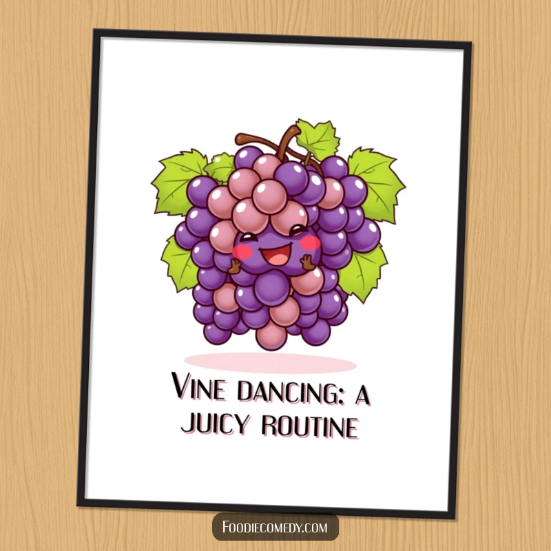 Funny free printable wall art: A bunch of cheeky grapes performs a dynamic cha-cha, adding vibrant, dance-loving energy to your decor.