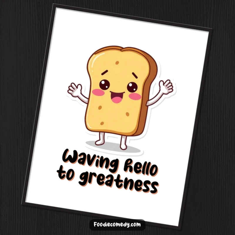 Funny Free Printable Wall Art: A smiling bread loaf character waving hello with a warm, energetic motion.