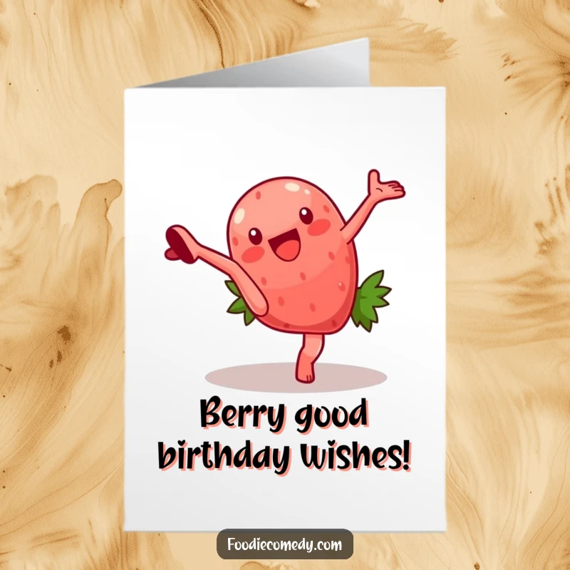 Funny Free Printable Birthday Card featuring a cheerful strawberry with arms doing a cartwheel, spreading birthday joy.