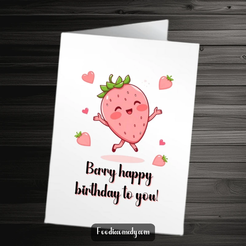 Funny Free Printable Birthday Card featuring a blushing strawberry doing a whimsical waltz, adding sweet-hearted fun to the celebration.