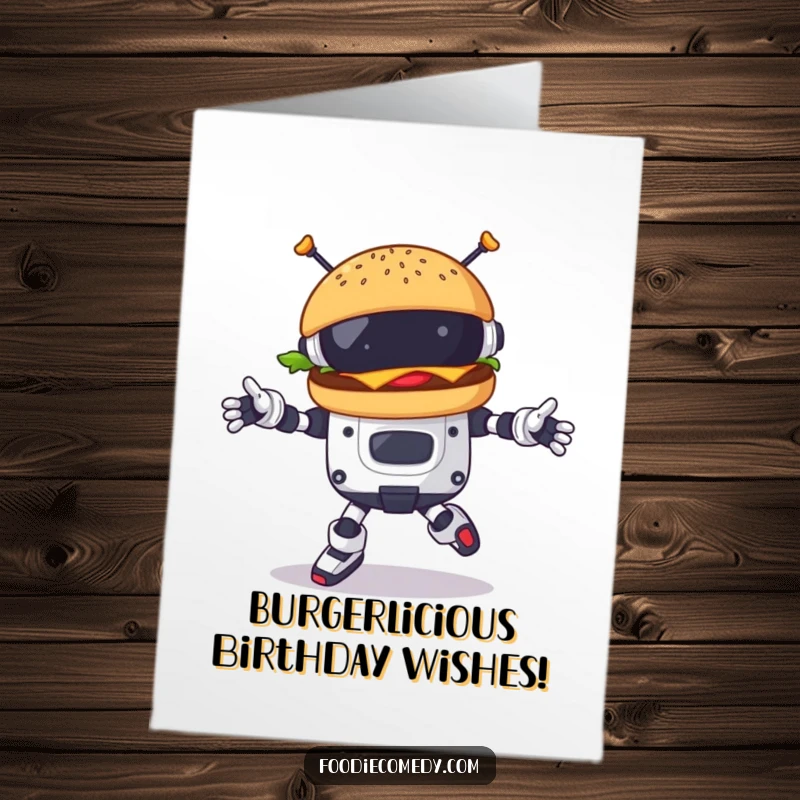 Funny Free Printable Birthday Card: A bouncing burger character performing a cool robotic dance.