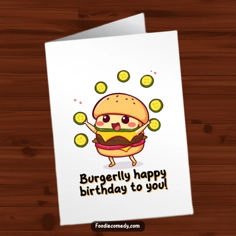 Funny Free Printable Birthday Card: Kawaii burger character gleefully juggling green pickle slices with excitement.