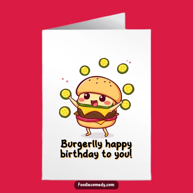 Free Printable Birthday Card: Funny Kawaii Burger Juggling Pickles - Downloadable Gift