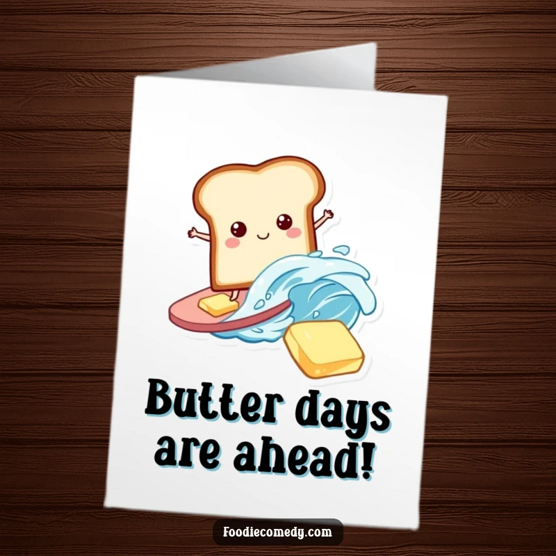 Funny Free Printable Birthday Card showing a playful bread slice surfing a butter wave, embodying adventurous birthday spirit.