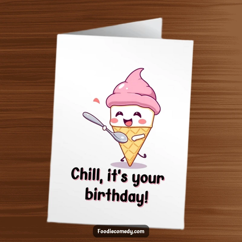 Funny Free Printable Birthday Card: A kawaii ice cream cone giggles while a spoon comically chases it, celebrating.