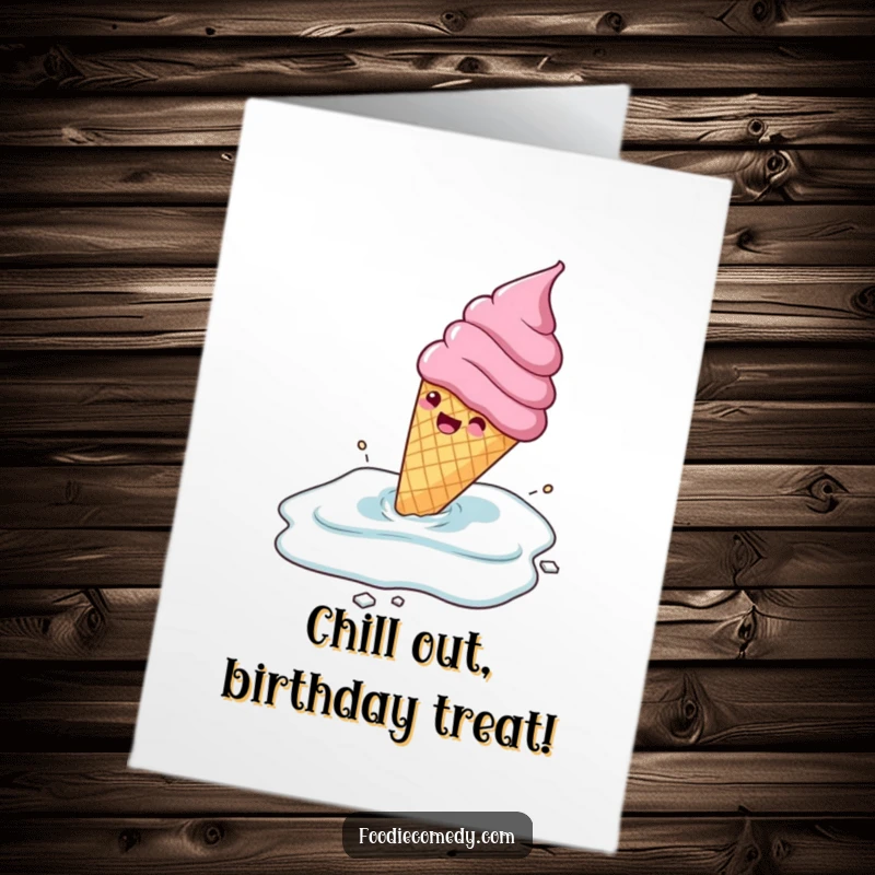 Funny Free Printable Birthday Card: A gleeful ice cream cone character joyfully sliding across a frozen icy surface.