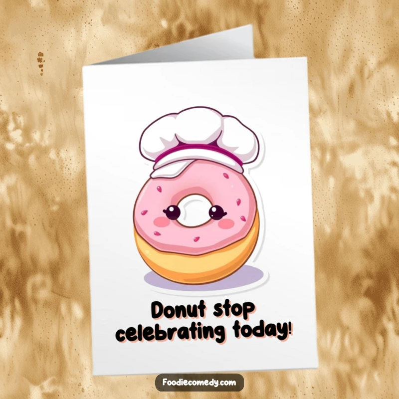 Funny Free Printable Birthday Card: Kawaii donut wearing a baker's hat, completely covered in colorful frosting.