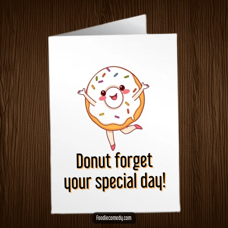 Funny Free Printable Birthday Card: A cheerful donut with sprinkles performs a graceful ballet pirouette for a birthday.