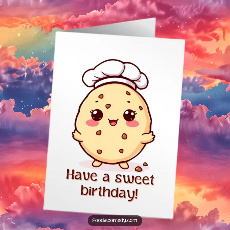 Funny Free Printable Birthday Card: A kawaii cookie in a chef hat offers tiny crumbs, wishing happy birthday.