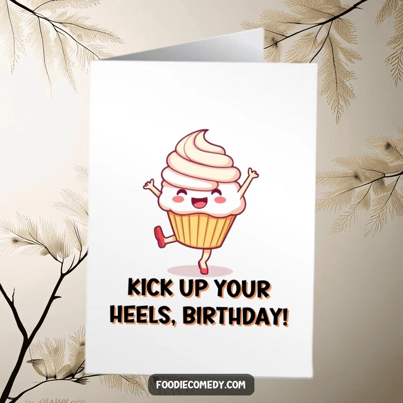 Funny Free Printable Birthday Card: Exuberant cupcake doing a lively kick, spreading birthday cheer. A spirited and joyful design.
