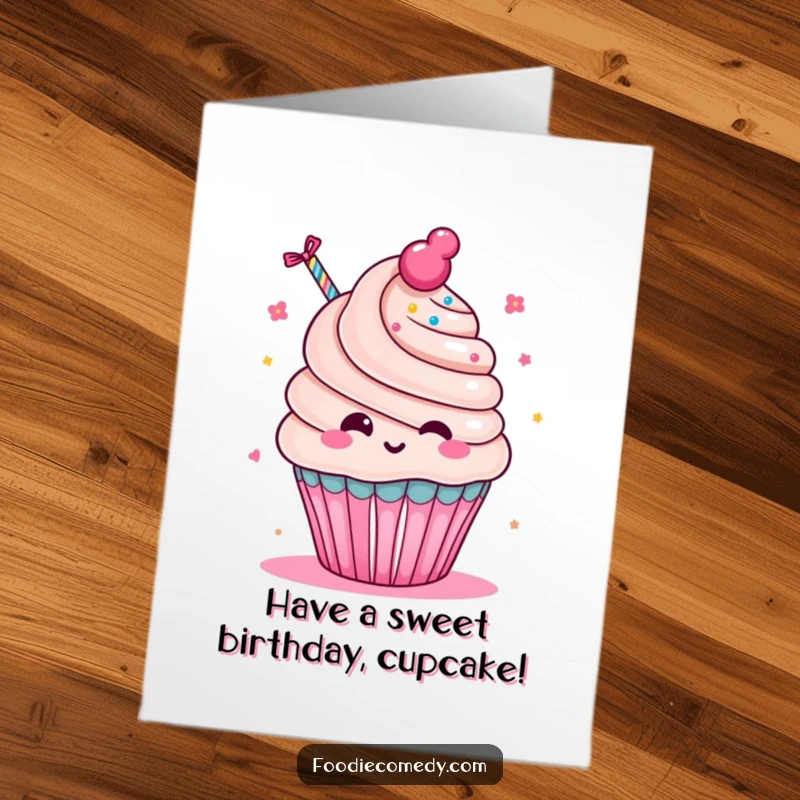 Funny Free Printable Birthday Card: Kawaii cupcake character joyfully blowing a party favor with wide eyes and a huge smile.