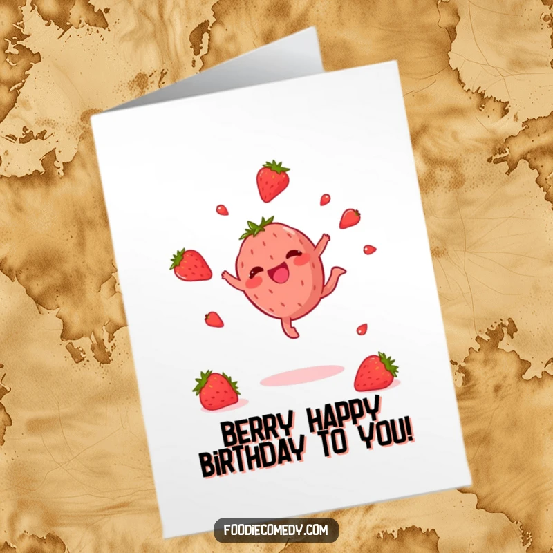 Funny Free Printable Birthday Card: A joyful strawberry doing a wild cartwheel with seeds flying everywhere.