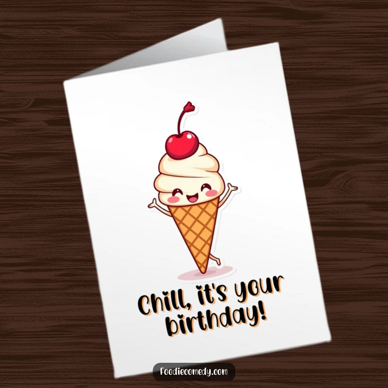 Funny free printable birthday card featuring a kawaii ice cream cone with a cherry head doing a happy jig, spreading joy.
