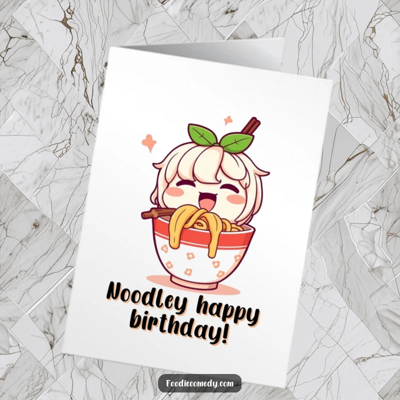 Funny Free Printable Birthday Card: A happy cup of noodles character enthusiastically slurping noodles, celebrating with joy.