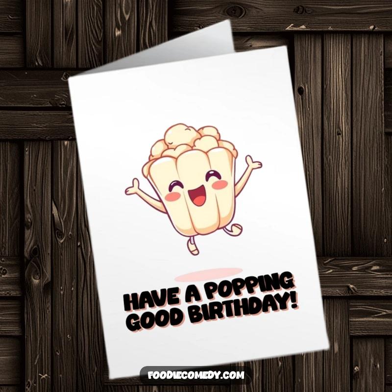 Funny Free Printable Birthday Card featuring an excited popcorn kernel doing a playful leap, capturing the thrill of celebration.