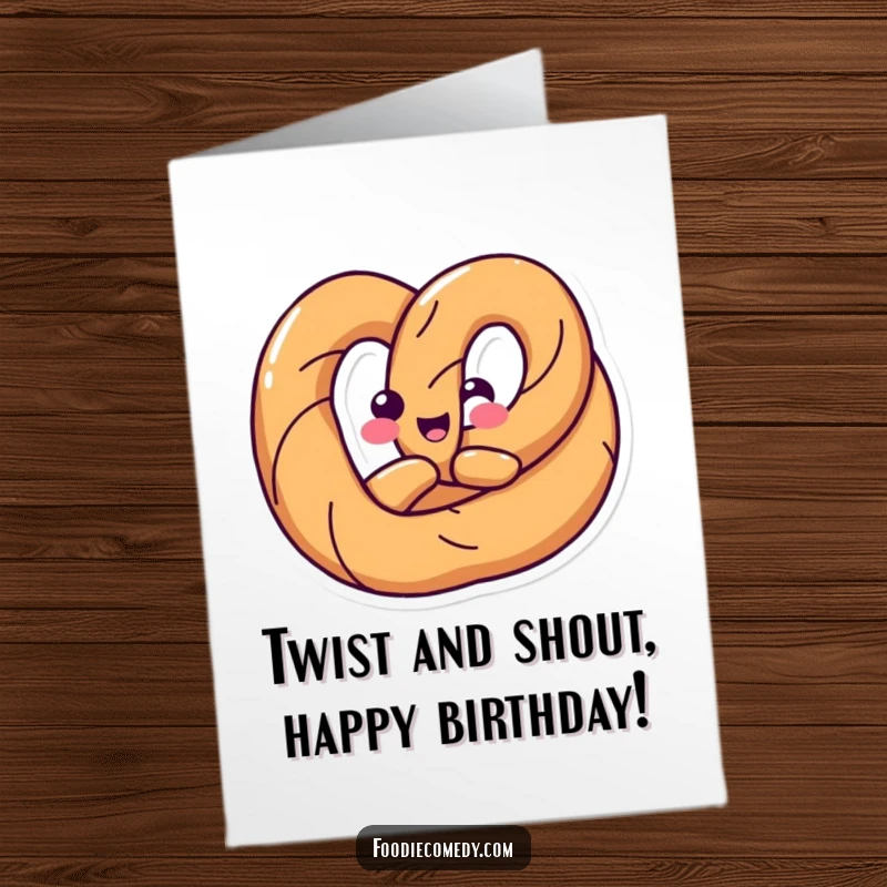 Funny Free Printable Birthday Card featuring a happy pretzel twisting its body in a fun shape, celebrating with quirky flexibility.