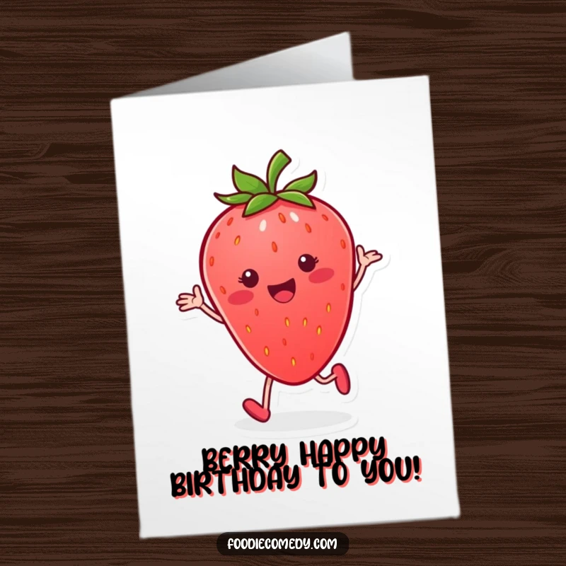 Funny Free Printable Birthday Card: A smiling strawberry performs an energetic and rhythmic tap dance with joy.