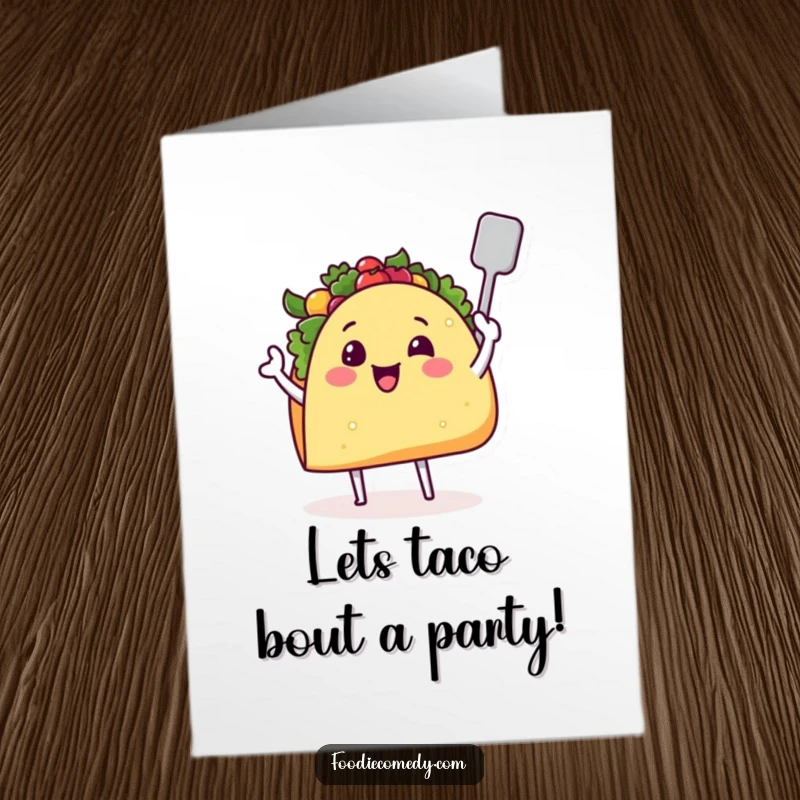Funny Free Printable Birthday Card featuring a smiling taco with tiny legs, enthusiastically waving a spatula, ready to serve birthday cheer.