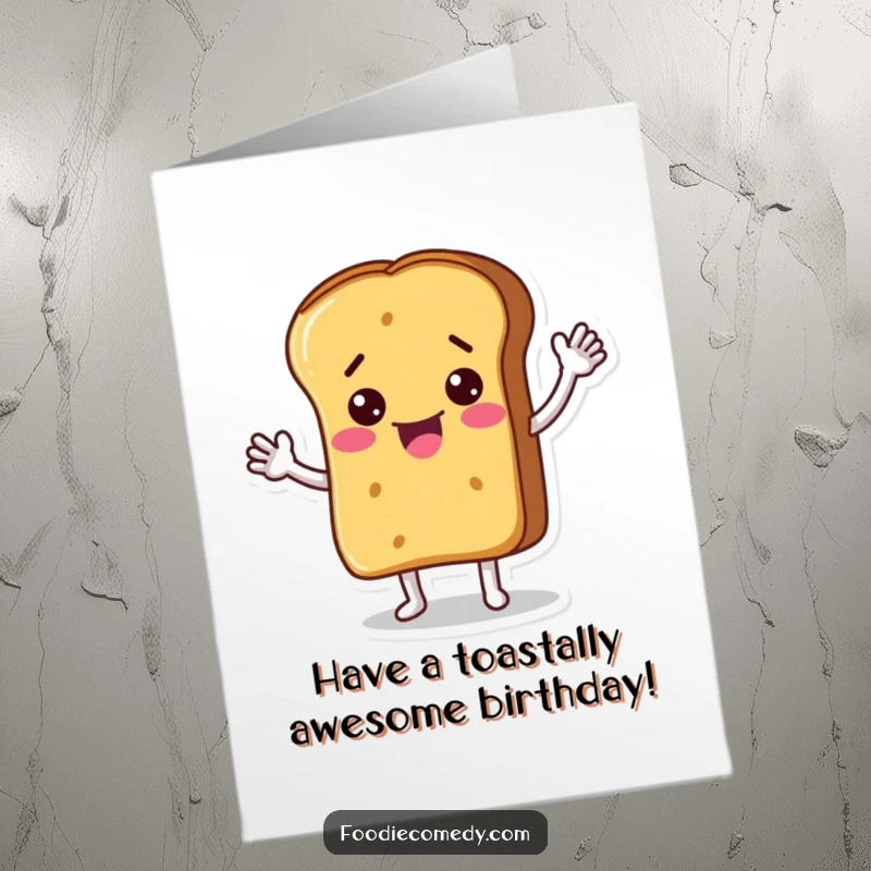 Funny Free Printable Birthday Card featuring a cheerful bread loaf character waving energetically with a big smile.