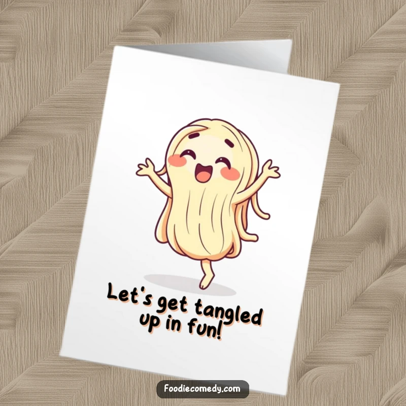 Funny free printable birthday card: a single noodle wiggling energetically, doing a silly, joyful dance.